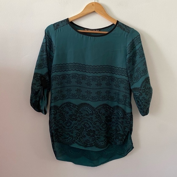 Zara Basic Green & Lace Print Top XS - Picture 1 of 5